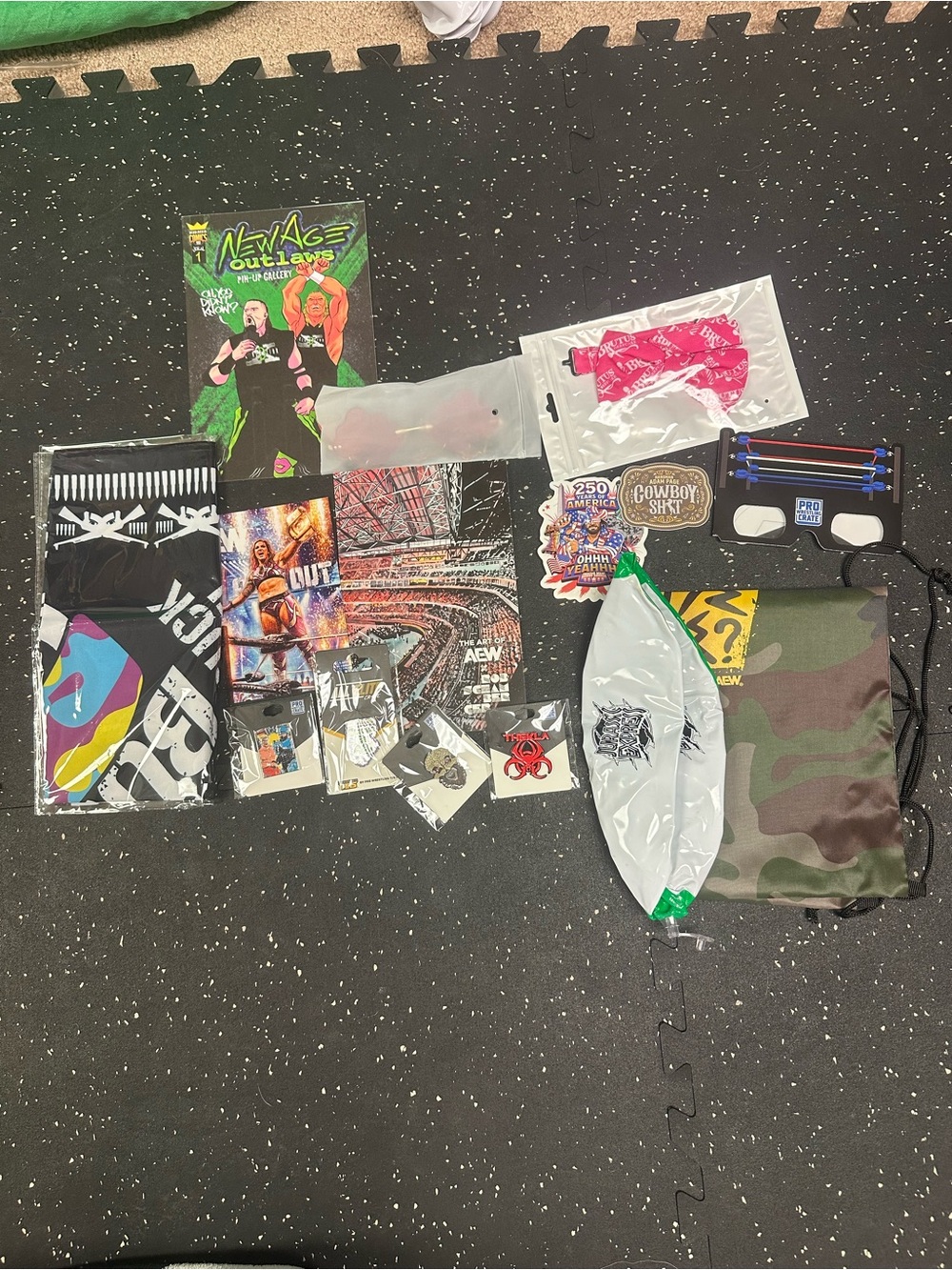 Pro Wrestling Tees AEW Crate Lot Bundle Pins Booklets  Stickers Plus More!